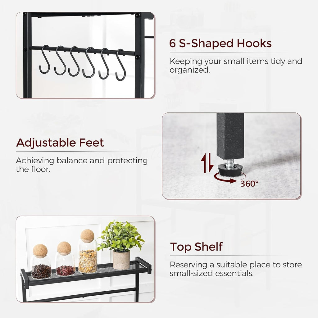MAHANCRIS Bakers Rack with Power Outlet, Kitchen Storage Shelf with 6 Hooks, Microwave Stand with Storage, 4-Tier Coffee Bar Station, for Kitchen, Dining Room, Black BRBK35E01