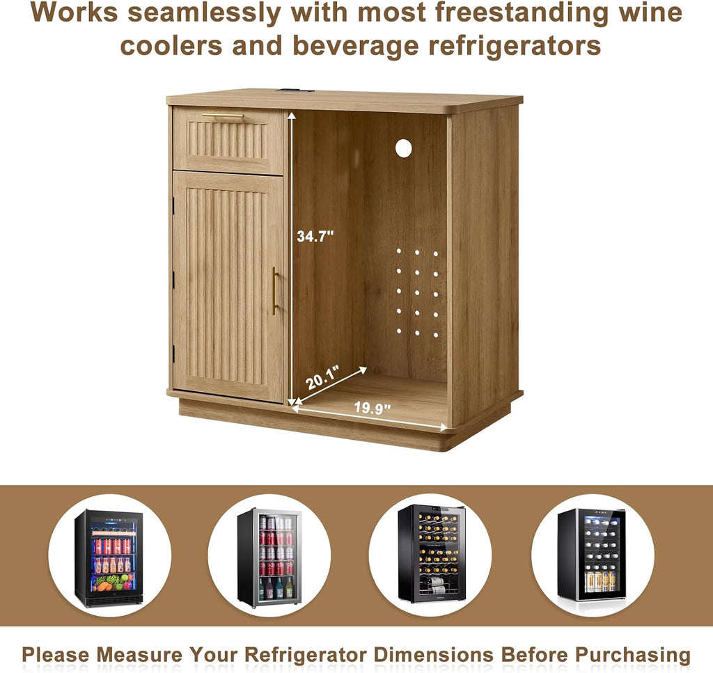Okvnbjk Mini Fridge Cabinet with Storage & Power Outlet, Oak | Coffee Bar Cabinet with Fridge Space, Fluted Bar Cabinet for Living Room, Dining Room, Dorm