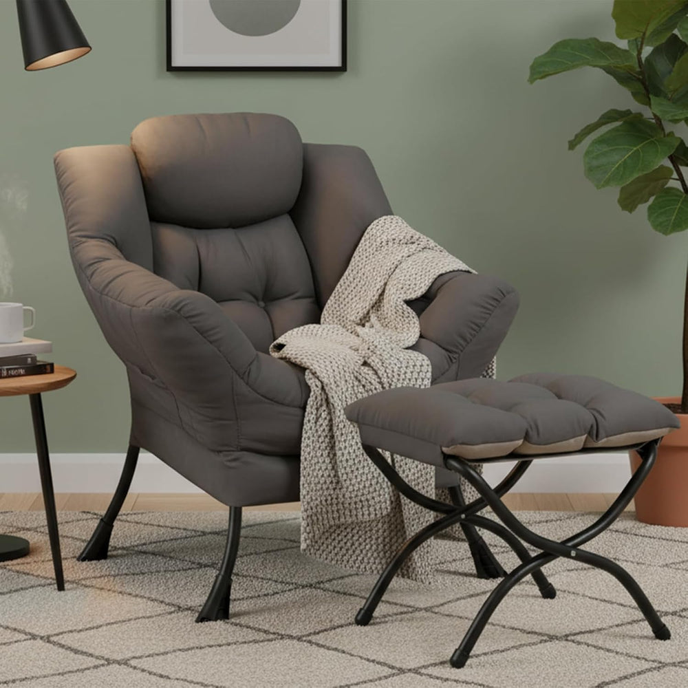 Modern Lazy Chair with Ottoman, Comfy Accent Reading Chair, Dark Grey