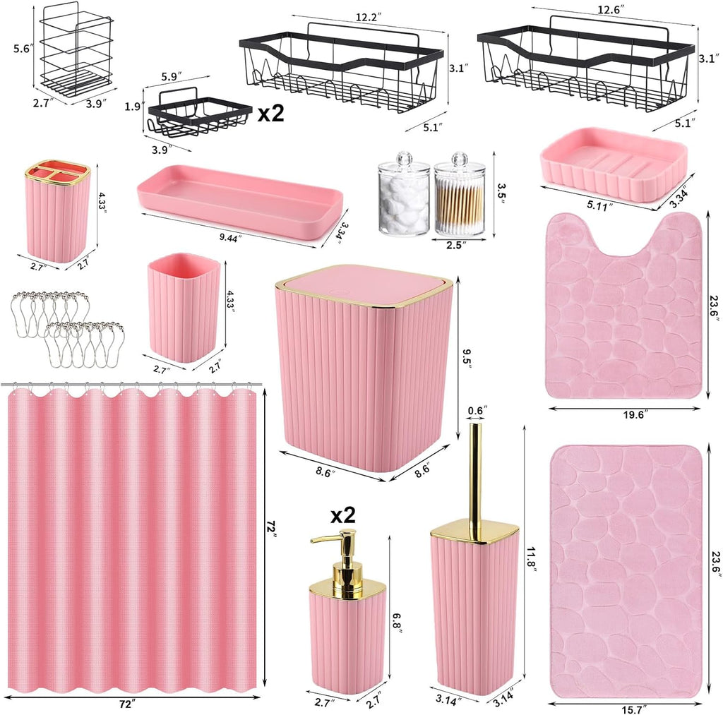 30PC Bathroom Accessories Set - Gorgeous Pink Bathroom Set, Bathroom Accessory Set, Pink Shower Curtain Set with 5PC Shower Caddy