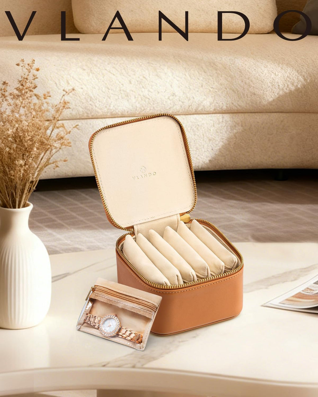 VLANDO Travel Jewelry Case,Valentines Gifts,Small Jewelry Box Organizer,Travel Jewelry Storage with 6 Velvet Jewelry Zipper Pockets, Birthday Gifts for Women Girls (Brown)