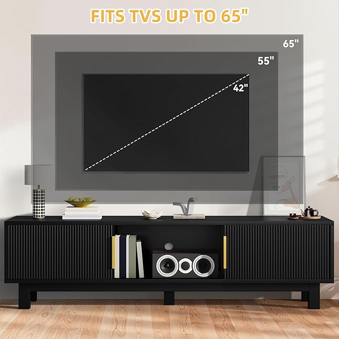 DWVO Fluted TV Stands for Living Room, Entertainment Center for TVs up to 65 Inch, Mid Century Modern Media Console with Power Outlets & Storage Compartments, 59" Long TV Cabinet, Black