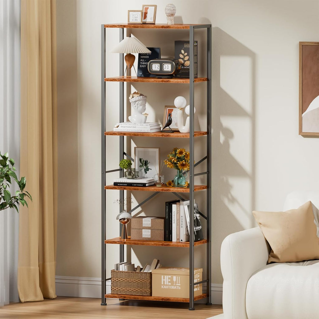 Furologee 6 Tier Book Shelf Set of 2, Tall Wide Bookshelf, Rustic Brown | 20'' Wide Industrial Storage Shelves with X Crossbar, Shelving Units for Bedroom, Kitchen, Office, Set of 2