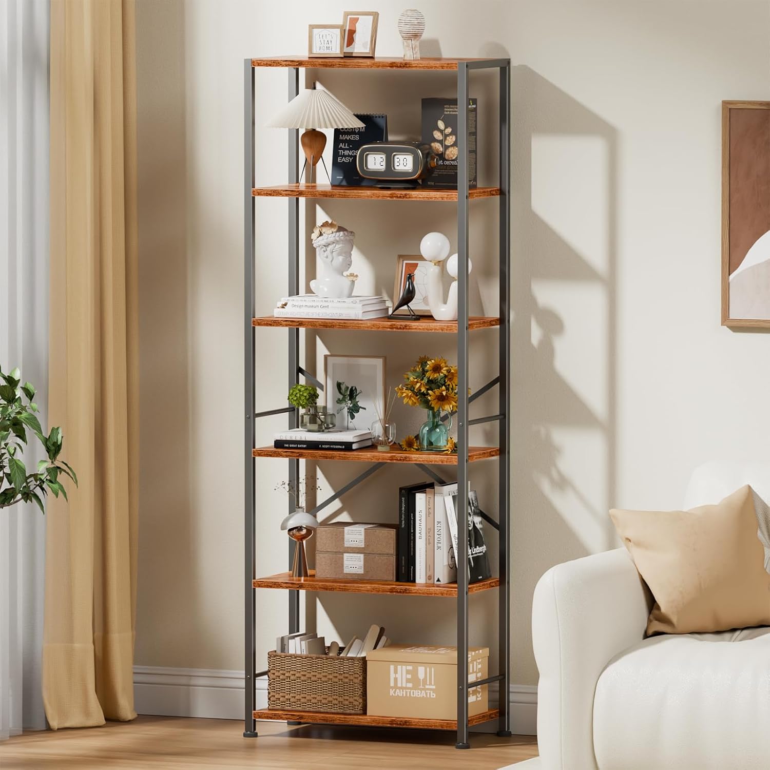 Furologee 6 Tier Book Shelf Set of 2, Tall Wide Bookshelf, Rustic Brown | 20'' Wide Industrial Storage Shelves with X Crossbar, Shelving Units for Bedroom, Kitchen, Office, Set of 2