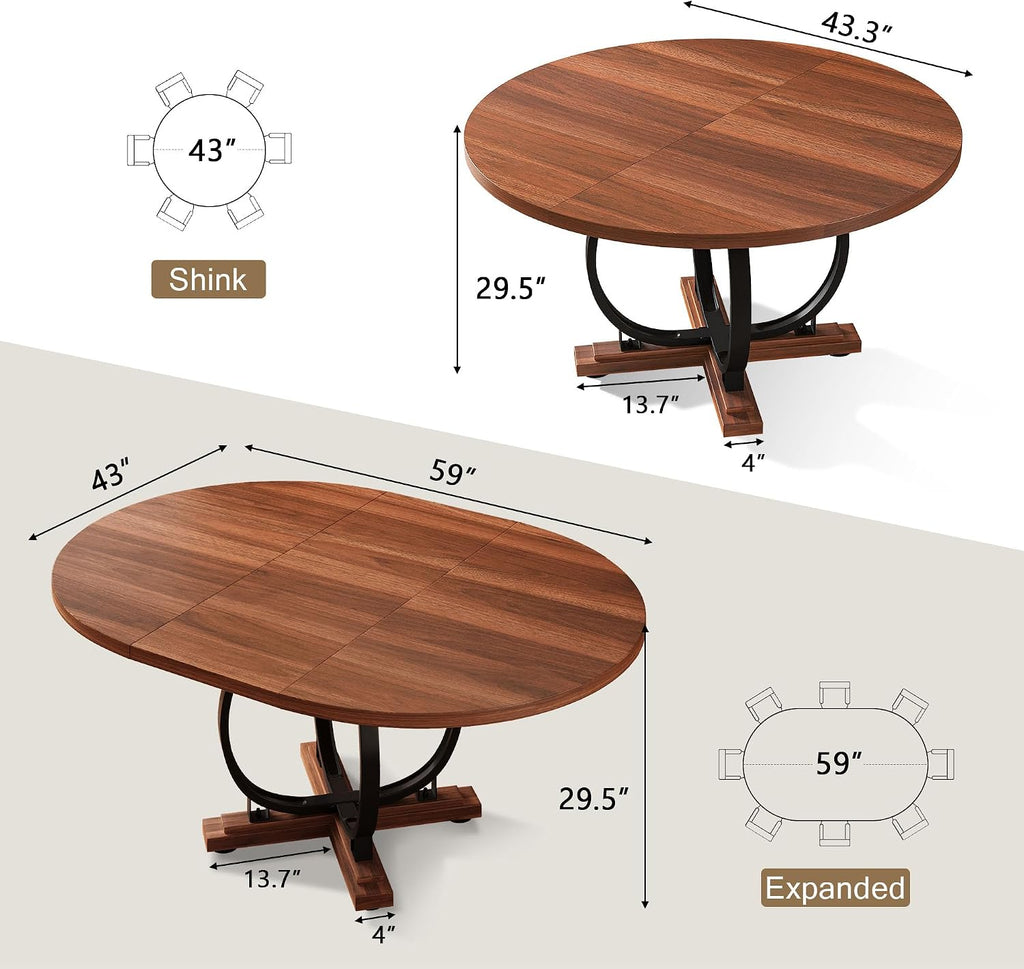 Einhomn 59" Extendable Round Dining Table for 4-6, Modern Oval Kitchen Table with Heavy Duty Curved Legs & Pedestal Base, Space Saving Circle Dinner Room Table for Dining Kitchen Living Room, Walnut