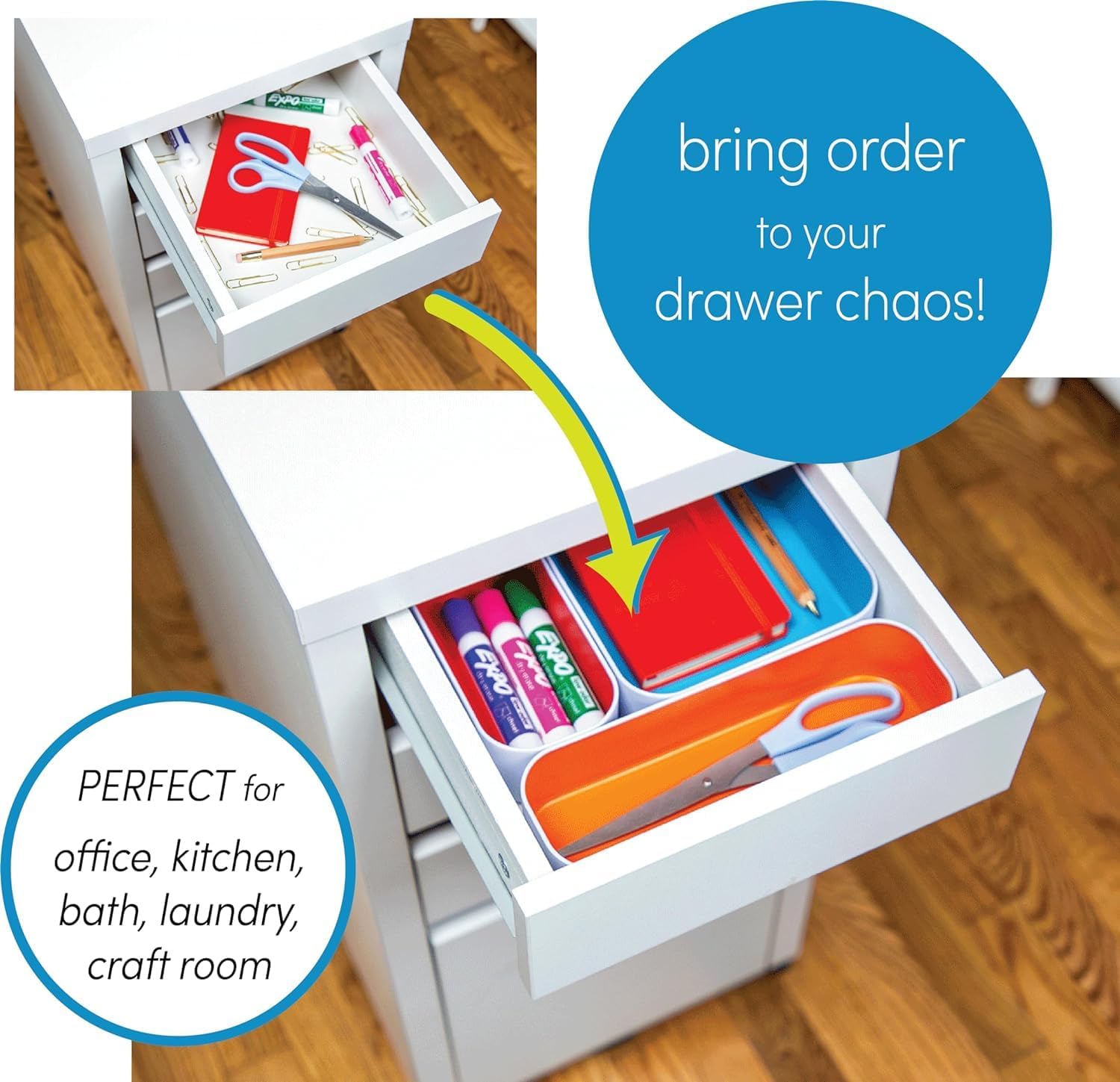 Three by Three Seattle 10 Piece Shallow Metal Organizer Tray Set for Storing Makeup, Stationery, Utensils, and More in Office Desk, Kitchen and Bathroom Drawers (1 Inch, Assorted Colors)