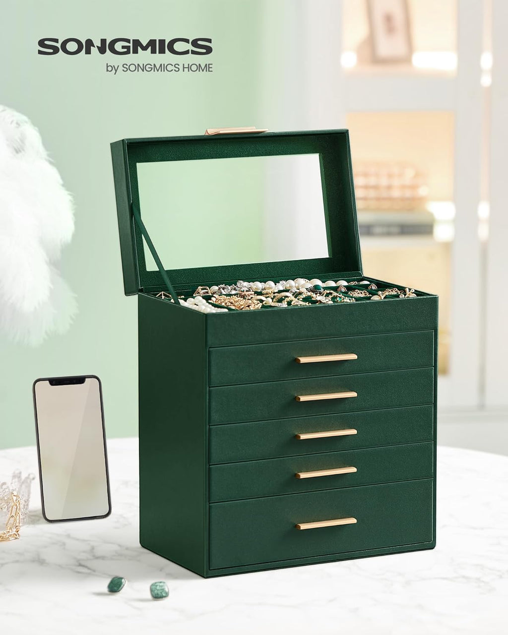 SONGMICS Jewelry Box Organizer with Glass Lid, 6-Layer Jewelry Storage, with 5 Drawers, Modern Style, Christmas Gift, 6.4 x 9.9 x 11.4 Inches, Forest Green and Gold Color UJBC171C01