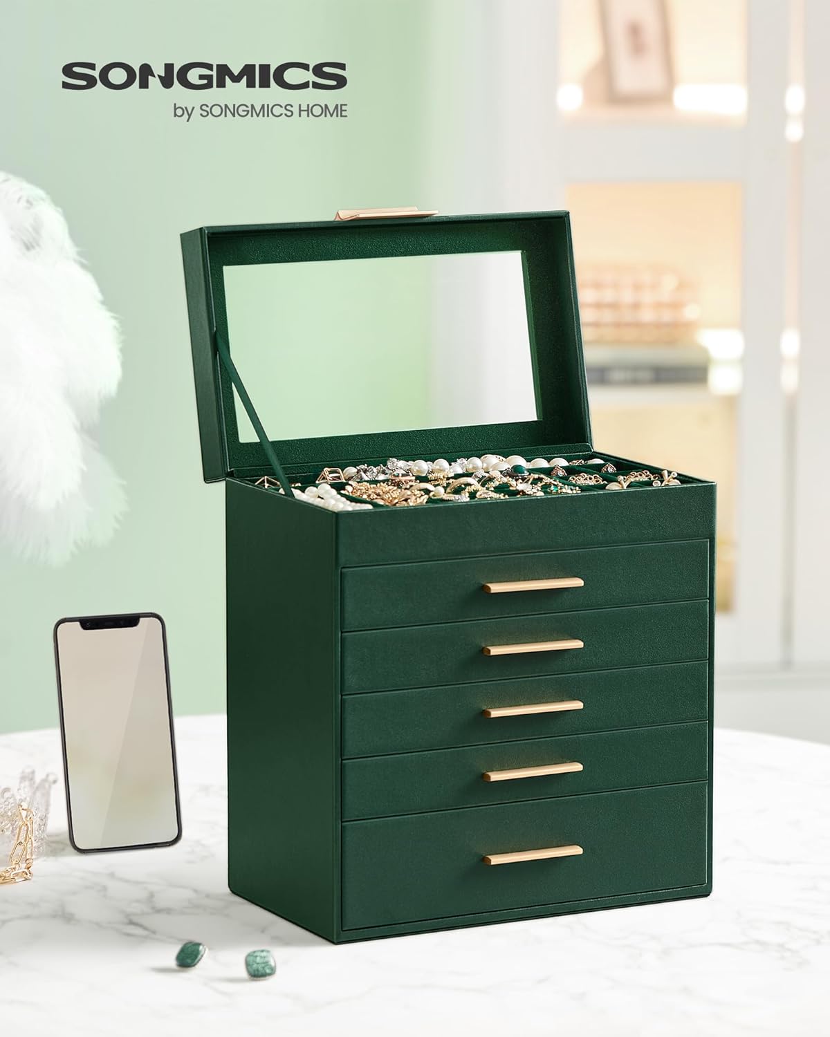 SONGMICS Jewelry Box Organizer with Glass Lid, 6-Layer Jewelry Storage, with 5 Drawers, Modern Style, Christmas Gift, 6.4 x 9.9 x 11.4 Inches, Forest Green and Gold Color UJBC171C01
