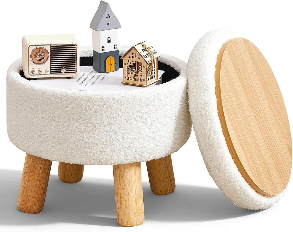 Small Ottoman with Storage, Small Storage Ottoman Round, Sherpa Foot Stool with Legs, Ottomans and Footstools for Living Room and Entryway (White)
