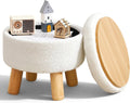 Small Ottoman with Storage, Small Storage Ottoman Round, Sherpa Foot Stool with Legs, Ottomans and Footstools for Living Room and Entryway (White)