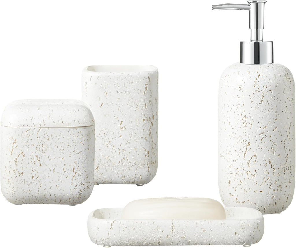 4-Pieces Bathroom Accessory Set Hight Quality Polyresin Ensemble-Lotion Dispenser/Toothbrush Holder/Cotton Jar/Soap Dish, Cream Color