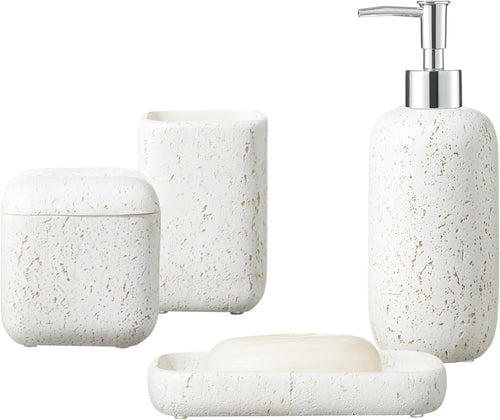 4-Pieces Bathroom Accessory Set Hight Quality Polyresin Ensemble-Lotion Dispenser/Toothbrush Holder/Cotton Jar/Soap Dish, Cream Color