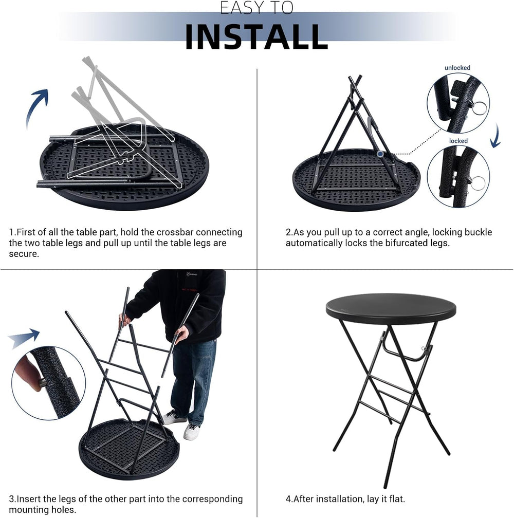 Byliable 32in Cocktail Folding Table, Round High Top Bar Table, Black | Porta...