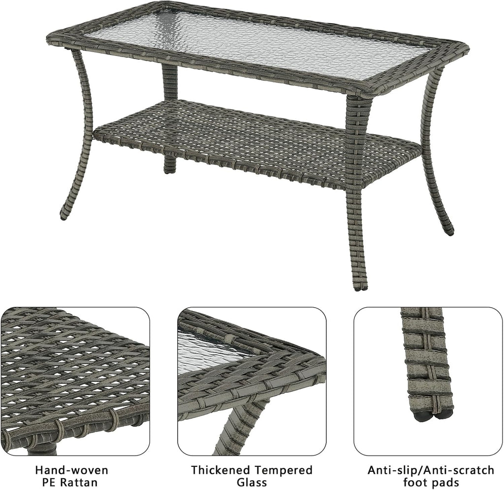 Rilyson Patio Tables Outdoor Coffee Table - Wicker Rattan Coffee Tables with 2-Tier Storage Shelf Glass Top for Outside Proch Deck Balcony Garden Rectangle Mixed Grey