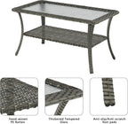 Rilyson Patio Tables Outdoor Coffee Table - Wicker Rattan Coffee Tables with 2-Tier Storage Shelf Glass Top for Outside Proch Deck Balcony Garden Rectangle Mixed Grey