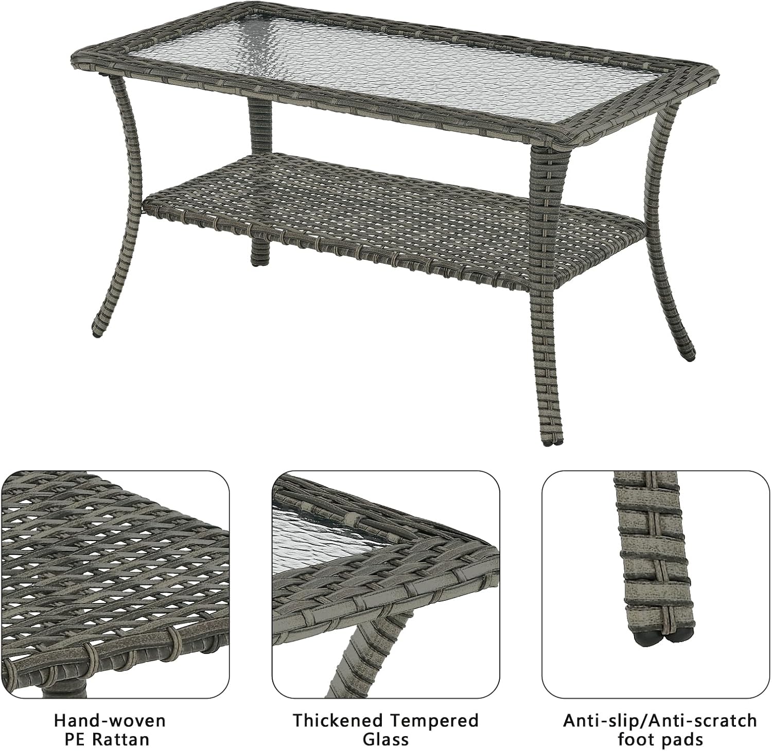 Rilyson Patio Tables Outdoor Coffee Table - Wicker Rattan Coffee Tables with 2-Tier Storage Shelf Glass Top for Outside Proch Deck Balcony Garden Rectangle Mixed Grey