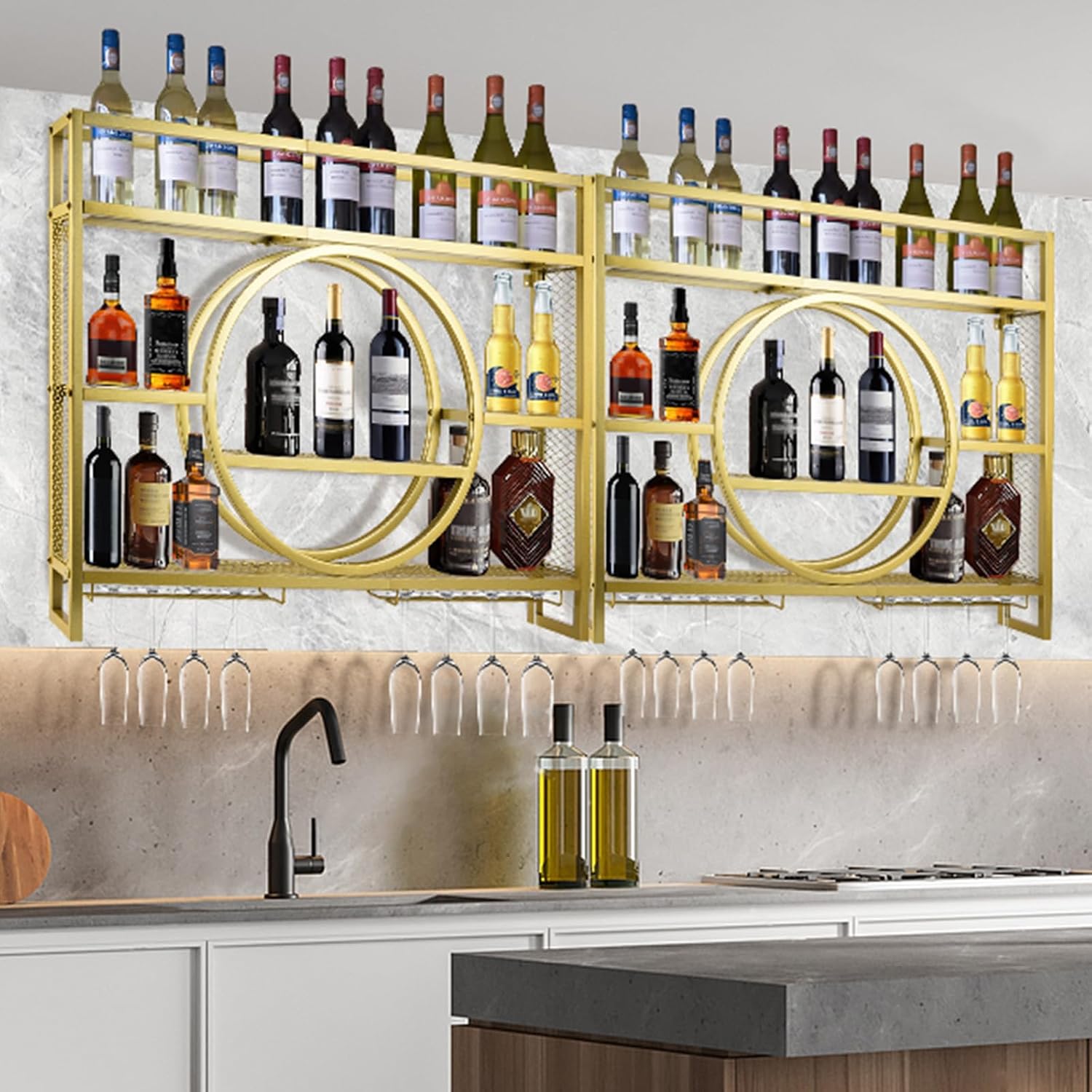 39in Wine Rack Wall Mounted, 3-Tier Metal Bar Shelves with Glass Holder | Modern Floating Bar Liquor Bottle Display Shelf Wall Mounted for Home Bar Kitchen Dining Room (Gold, 39in/100cm)