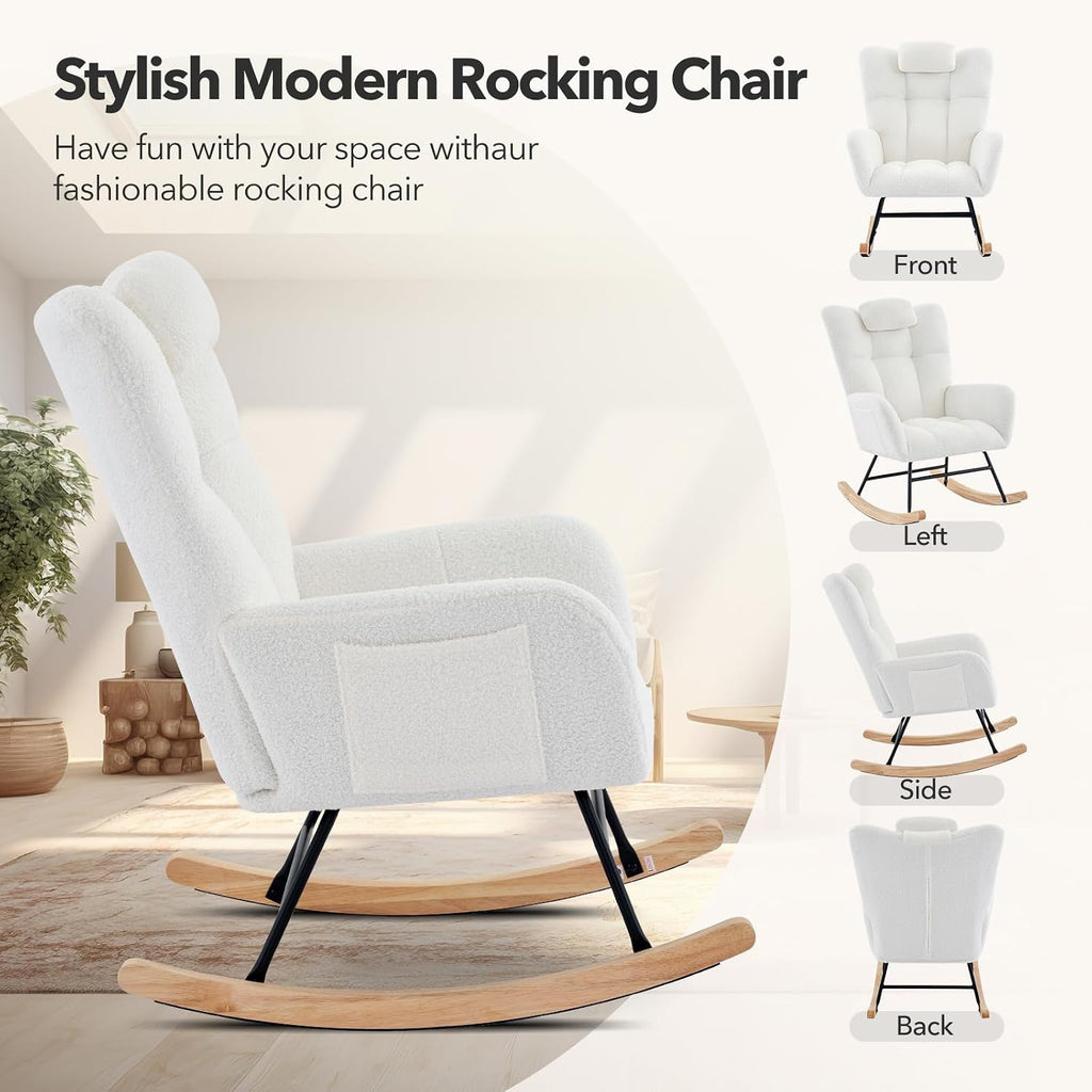Rocking Chair Nursery, Teddy Upholstered Glider Rocker with High Backrest, Modern Rocking Accent Chair with Headrest, Comfy Armchair for Living Room, Bedroom, Offices, Beige