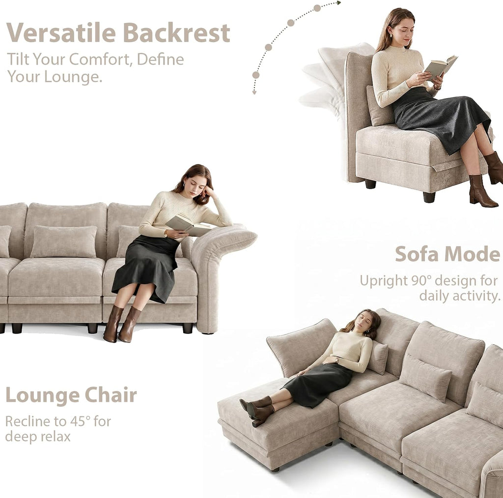LLappuil 102" Modular Sectional Sofa with Storage Seat, Cozy Chenille Sleeper Sectional Couches for Living Room with Adjustable Armrest Backrest, Khaki