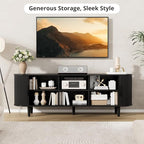 VOWNER 63" Fluted TV Stand, Modern Entertainment Center for TVs Up to 65" with Adjustable Shelves and Sliding Doors, Curved Media Console Table with Storage Cabinet for Living Room Bedroom (Black)