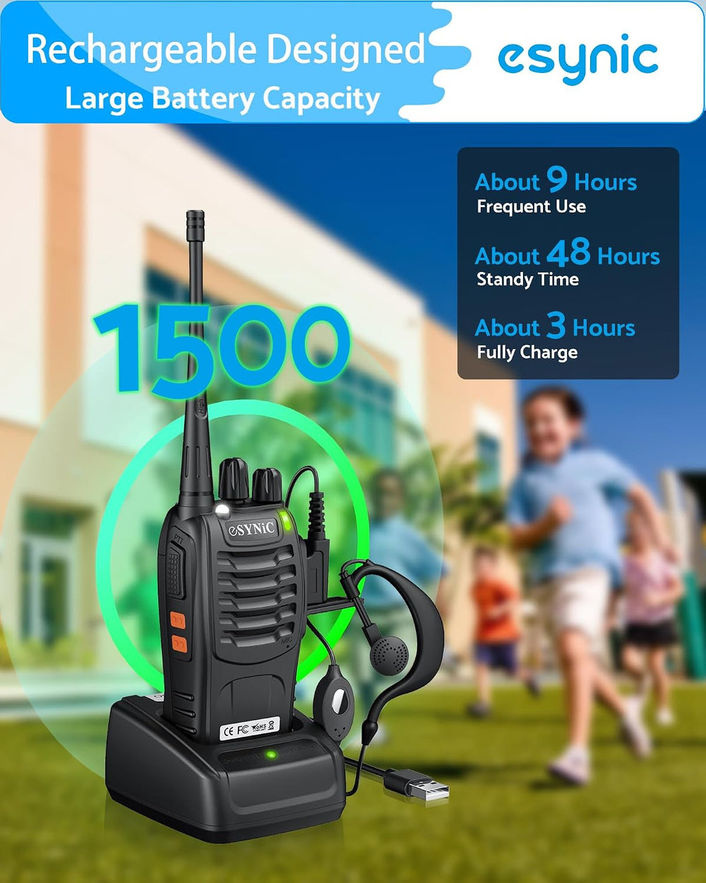 eSynic 3-Pack Rugged Walkie Talkies-Up to 3 Miles Long Range Talking