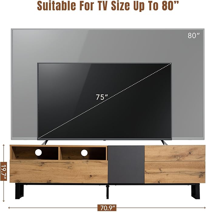 Ball & Cast 70" Modern TV Stand for TVs up to 80", Media Console with Drop-Down Door, 2 Drawers & Adjustable Shelf, Entertainment Center w/Ample Storage for Living Room, Home Theatre,Wood