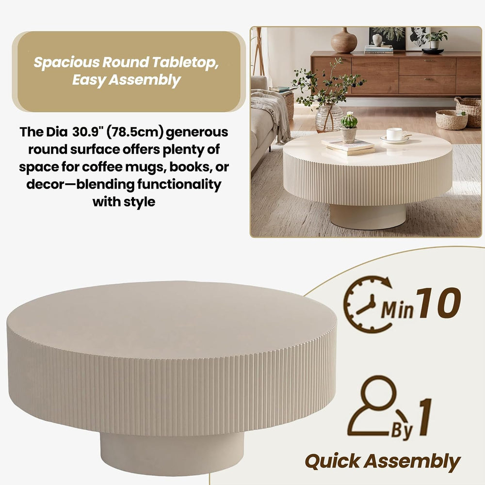 Round Drum Coffee Table with Sturdy Pedestal, Modern Wooden Fluted Coffee Tab...