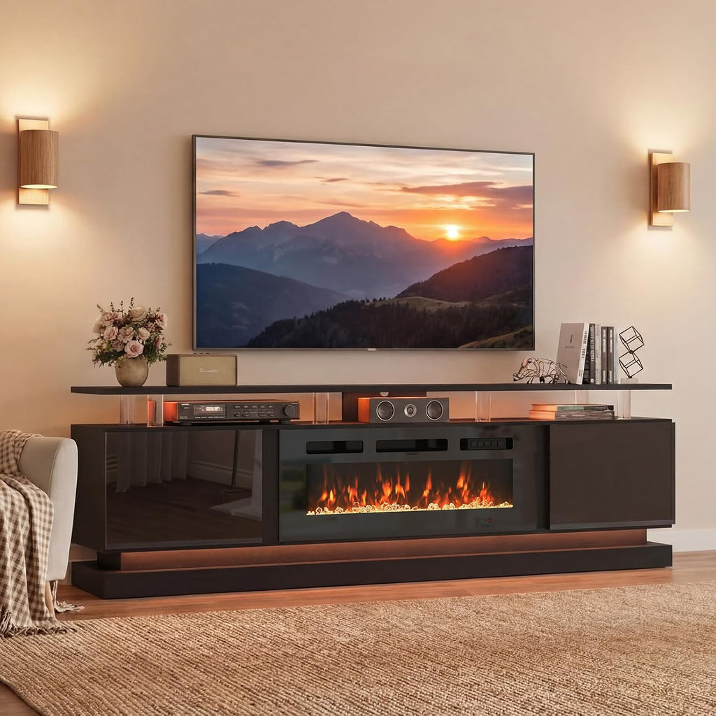 80" Modern Fireplace TV Stand for TVs up to 80", Black Entertainment Center with Black Electric Fireplace,Storage Cabinets&Adjustable LED Light&WiFi, Media Console for Living Room