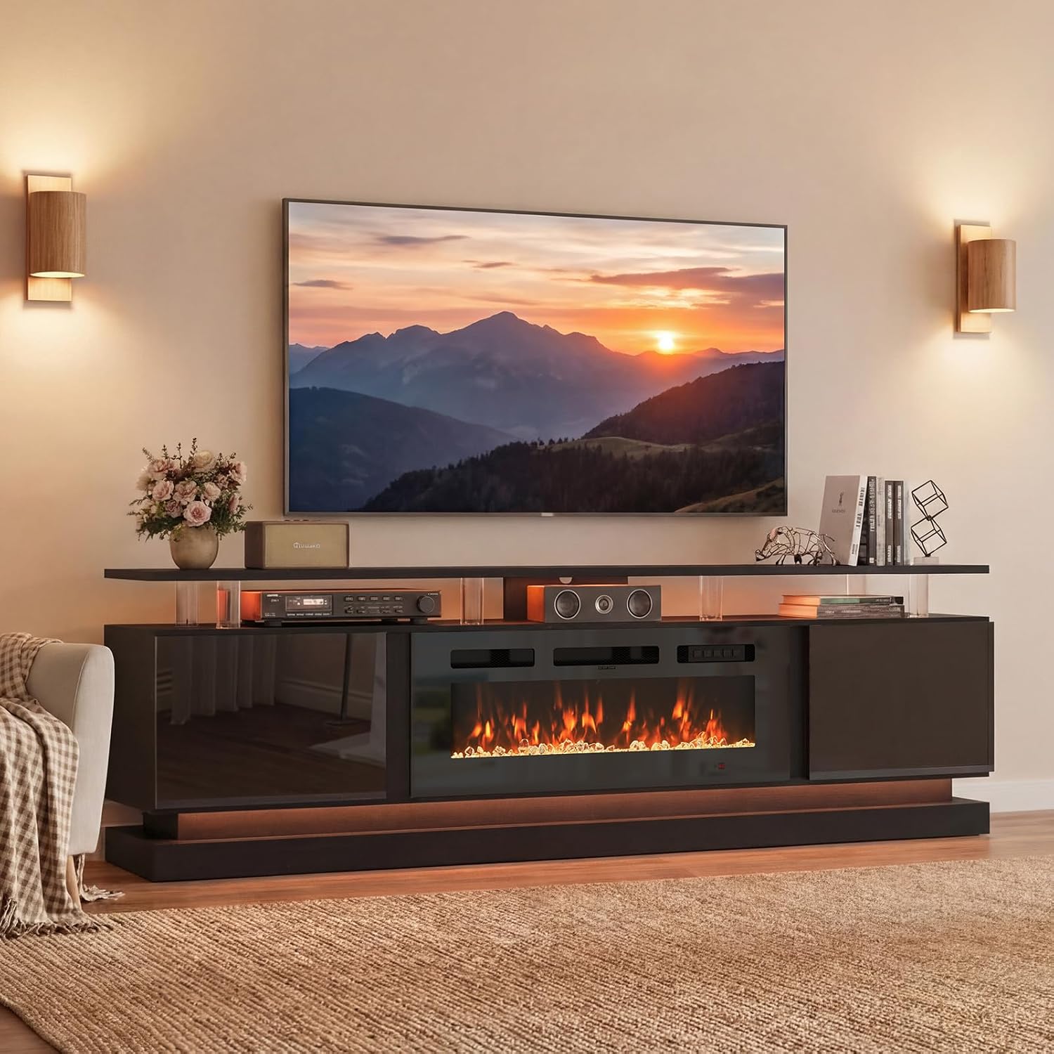 80" Modern Fireplace TV Stand for TVs up to 80", Black Entertainment Center with Black Electric Fireplace,Storage Cabinets&Adjustable LED Light&WiFi, Media Console for Living Room