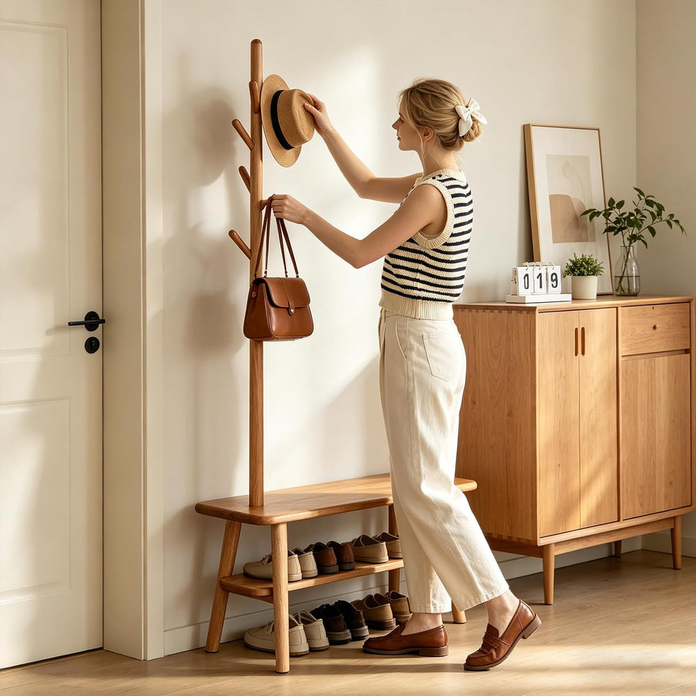 Solid Oak Coat Rack with Bench, 2-in-1 Shoe Bench and Coat Rack, Narrow Woode...