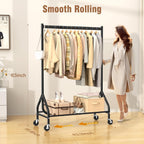 EAGMAK Heavy Duty Clothes Rack Load 420 LBS, Rolling Garment Rack with Lockable Wheels, Standing Metal Clothing Rack with Shelves, Portable Wardrobe Sturdy Coat Rack for Hanging Clothes (Black)