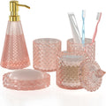 Pink Glass Bathroom Accessories Set 5 Pcs, Pink Bathroom Set, Soap Dispenser and Toothbrush Holder Set, Qtip Holder Set, Vintage Bathroom Sink Set, Cute Bathroom Decor