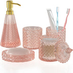 Pink Glass Bathroom Accessories Set 5 Pcs, Pink Bathroom Set, Soap Dispenser and Toothbrush Holder Set, Qtip Holder Set, Vintage Bathroom Sink Set, Cute Bathroom Decor