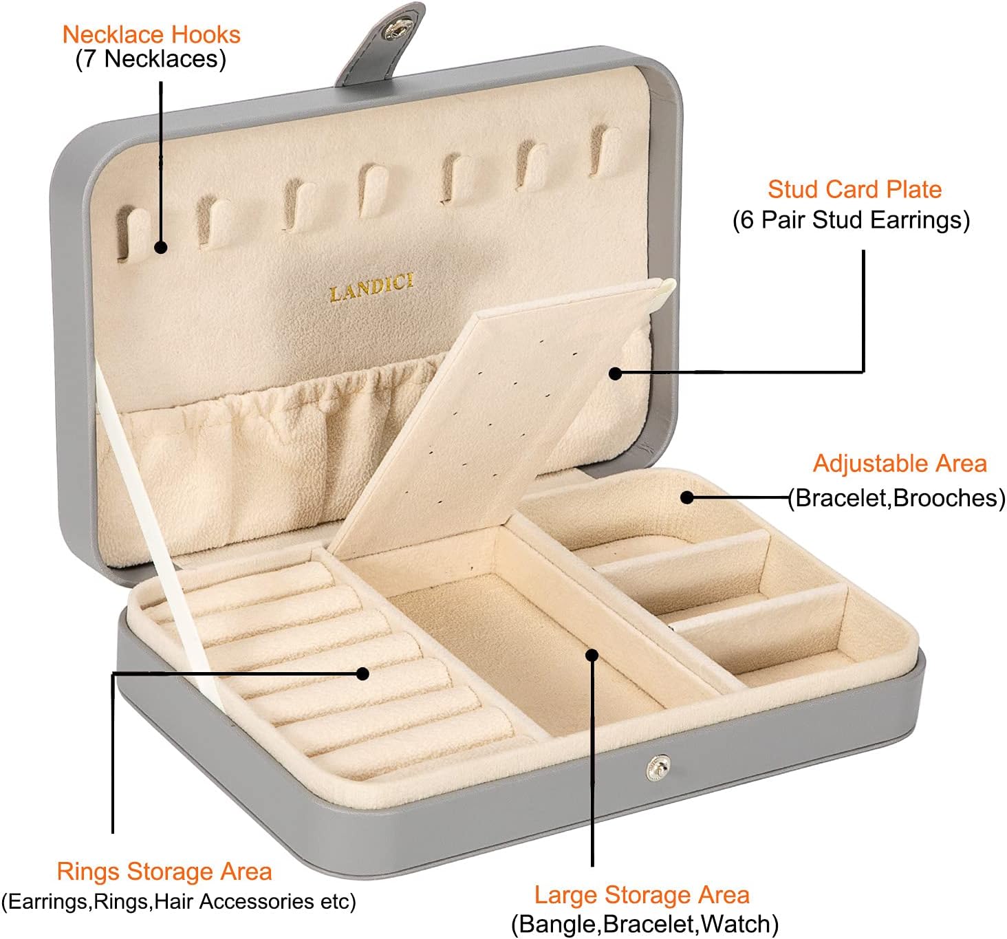 LANDICI Small Jewelry Box for Women Girls, PU Leather Travel Jewelry Case, Portable Jewelry Organizer Storage Holder Display for Ring Earrings Necklace Bracelet Bangle Men Kids Gift, Grey