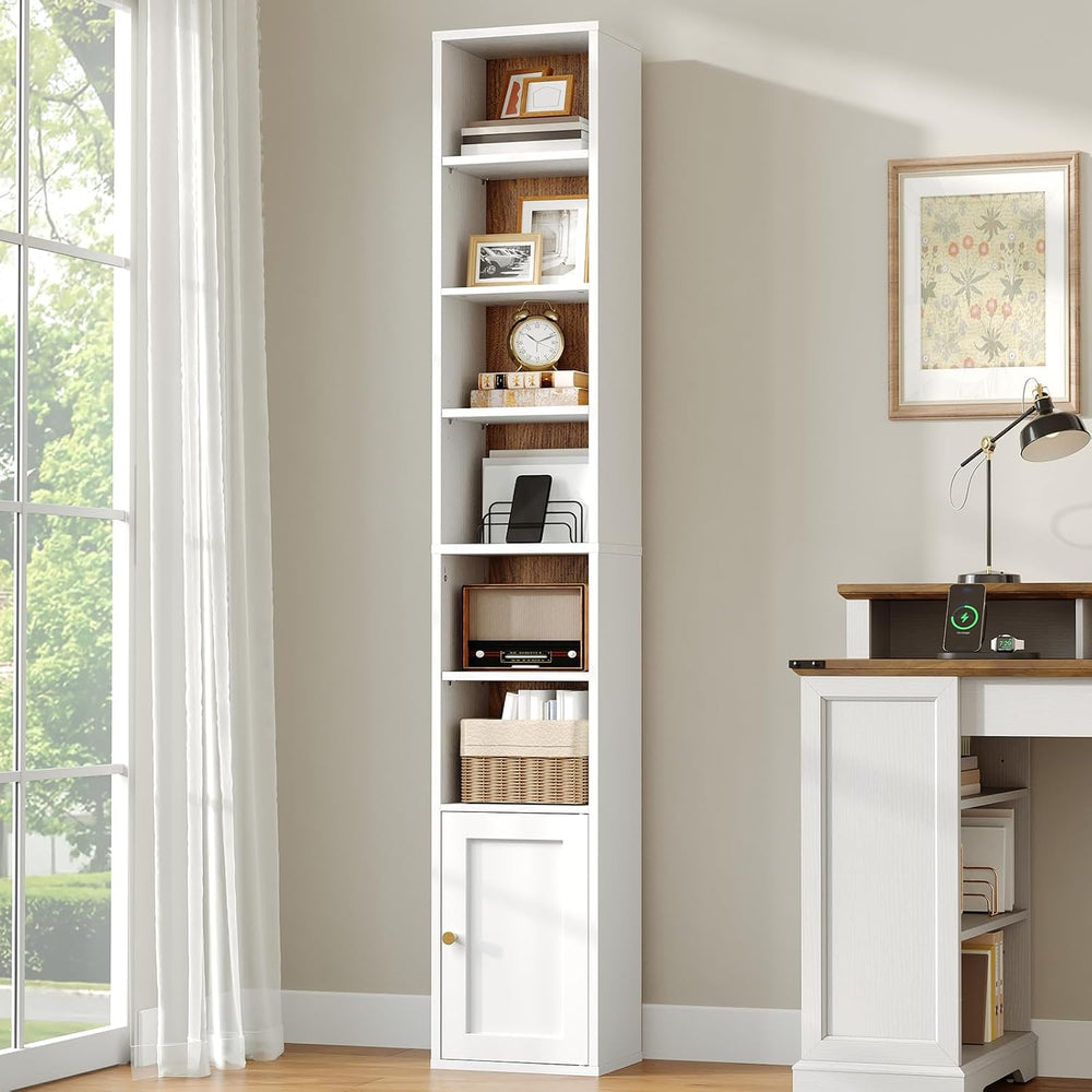 RALGEND 7-Tier Tall Narrow Bookshelf with Door Set of 2, 70.9 Inches CD DVD S...