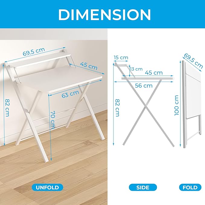GreenForest No Assembly Folding Desk, 2-Tier Compact Computer Desk with Shelf, Space Saving Foldable Table for Home Office, Dorm or Apartment, Portable Collapsible Sturdy Laptop Desk, White