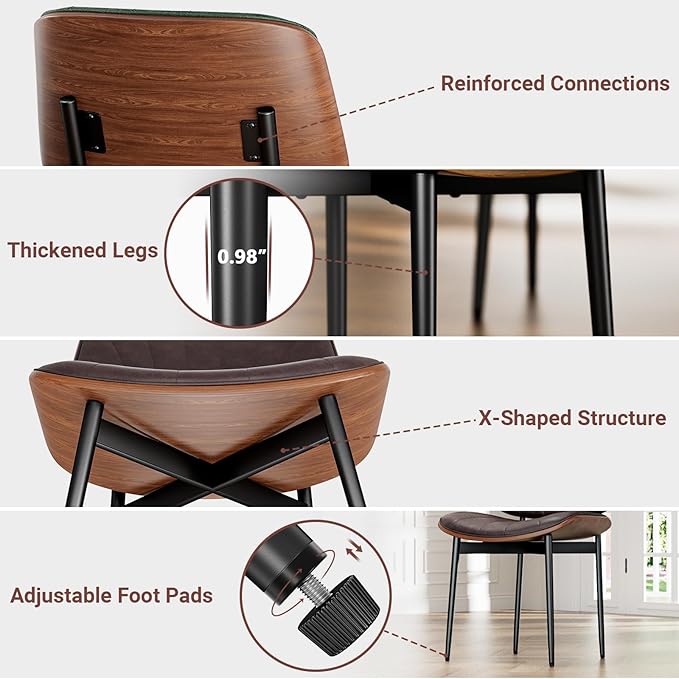 Dining Chairs Set of 2, Dining Room and Kitchen Chairs, Mid Century Modern Accent Chair, Upholstered PU Leather Chairs for Vanity with Walnut Bentwood and Metal Legs, Brown