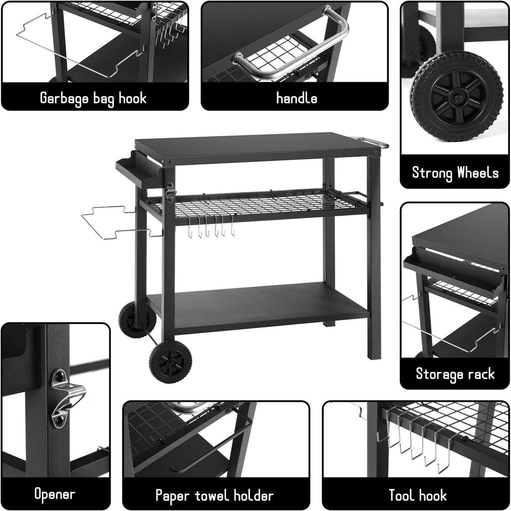 Dining Cart Table with Three Shelf, Movable Outdoor BBQ Grill Pizza Oven Stand with Three Hooks, Kitchen Cart Island Multifunctional Food Prep Table for Inside and Outside (Black)