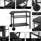 Dining Cart Table with Three Shelf, Movable Outdoor BBQ Grill Pizza Oven Stand with Three Hooks, Kitchen Cart Island Multifunctional Food Prep Table for Inside and Outside (Black)