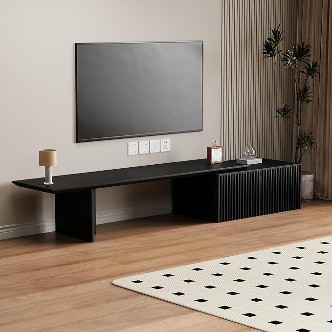XEW Extendable TV Stand with Storage and Shelves, Wood Entertainment Center for 55+ Inch TV, Modern TV Console, Minimalist Media Console for Living Room, Bedroom-Black (Extendable: 78.7"-110")
