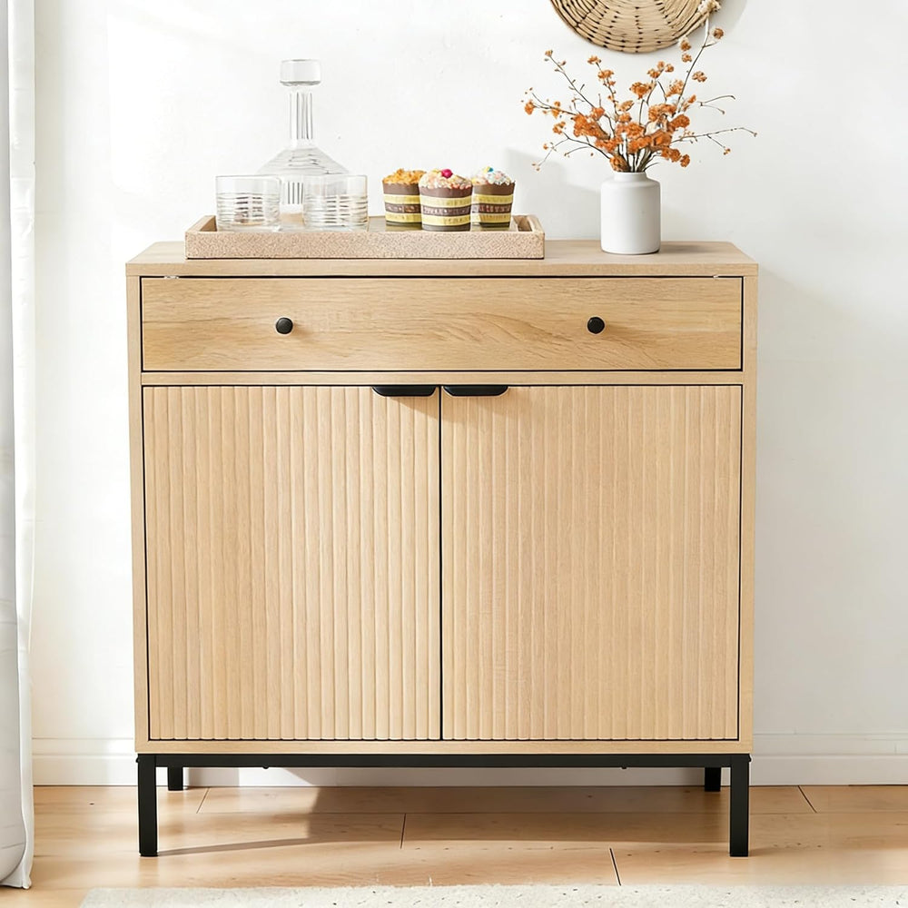 31 inch Sideboard Buffet Cabinet with Drawer, Modern Fluted Credenza with 2 D...