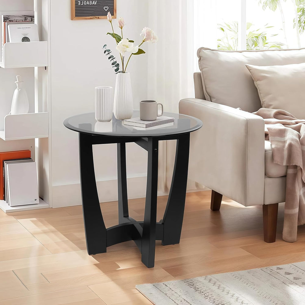LKTART Glass End Table, 23.5" Round Side Tables with Black Tempered Glas...