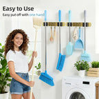Broom Holder Wall Mount, 2-Pack Stainless Steel Mop and Broom Organizer, Broom Hanger with 2 Slots 2 Hooks for Home Kitchen, Garage, Garden and Laundry Room, Gold