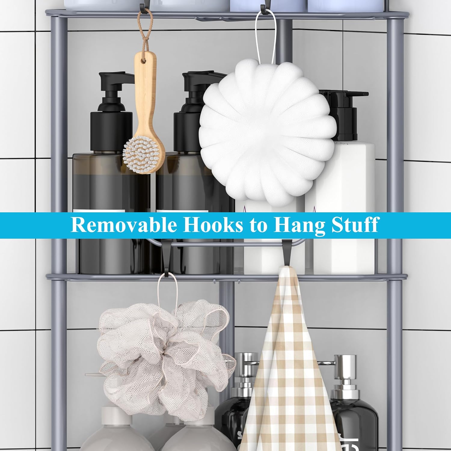 4 Tier Floor Standing Corner Shower Caddy Organizer Shelf with Hooks, Bathroom Shelves Stand Rack, Dark Gray