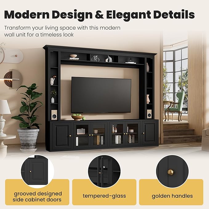 Merax Modern 4 Piece Entertainment Wall Unit with Bookshelf for Televisions Up to 80'', Wood Inch Large Entertainment Center w/Storage, TV Cabinets for Living Room, Black