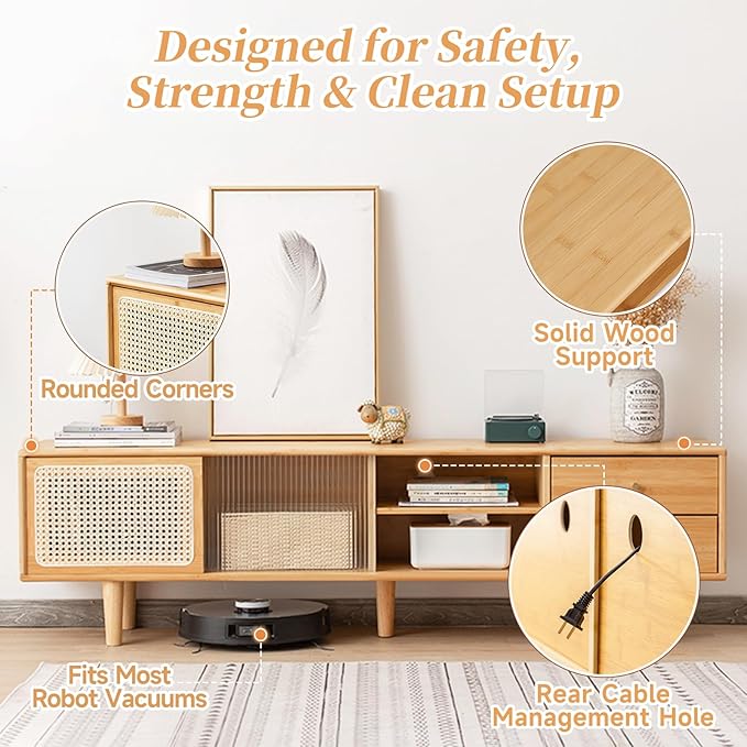 Tiita Rattan TV Stand for 55 65 Inch TV, Bamboo TV Cabinet with 2 Drawers, Boho Entertainment Center with Adjustable Shelf, Mid Century Modern Media Console for Bedroom, Living Room, Wood