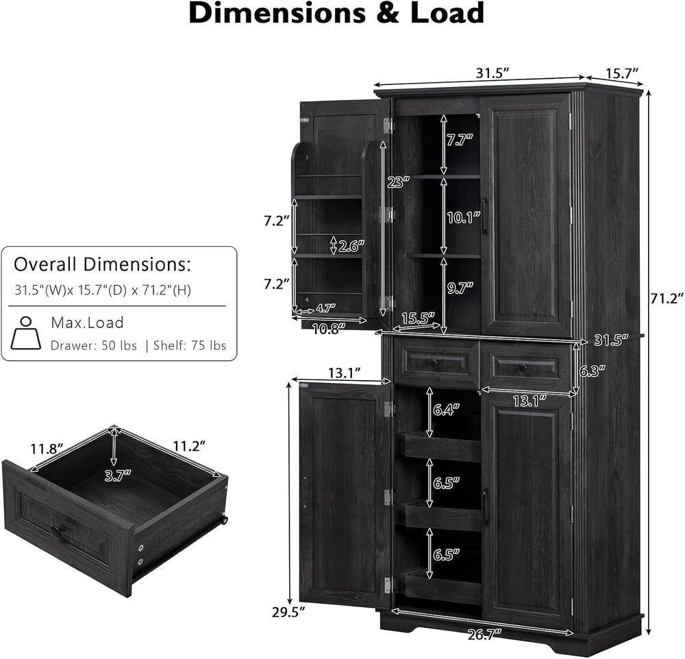 71.2" Tall Kitchen Pantry Cabinet, Farmhouse Wood Pantry with 4 Doors an...