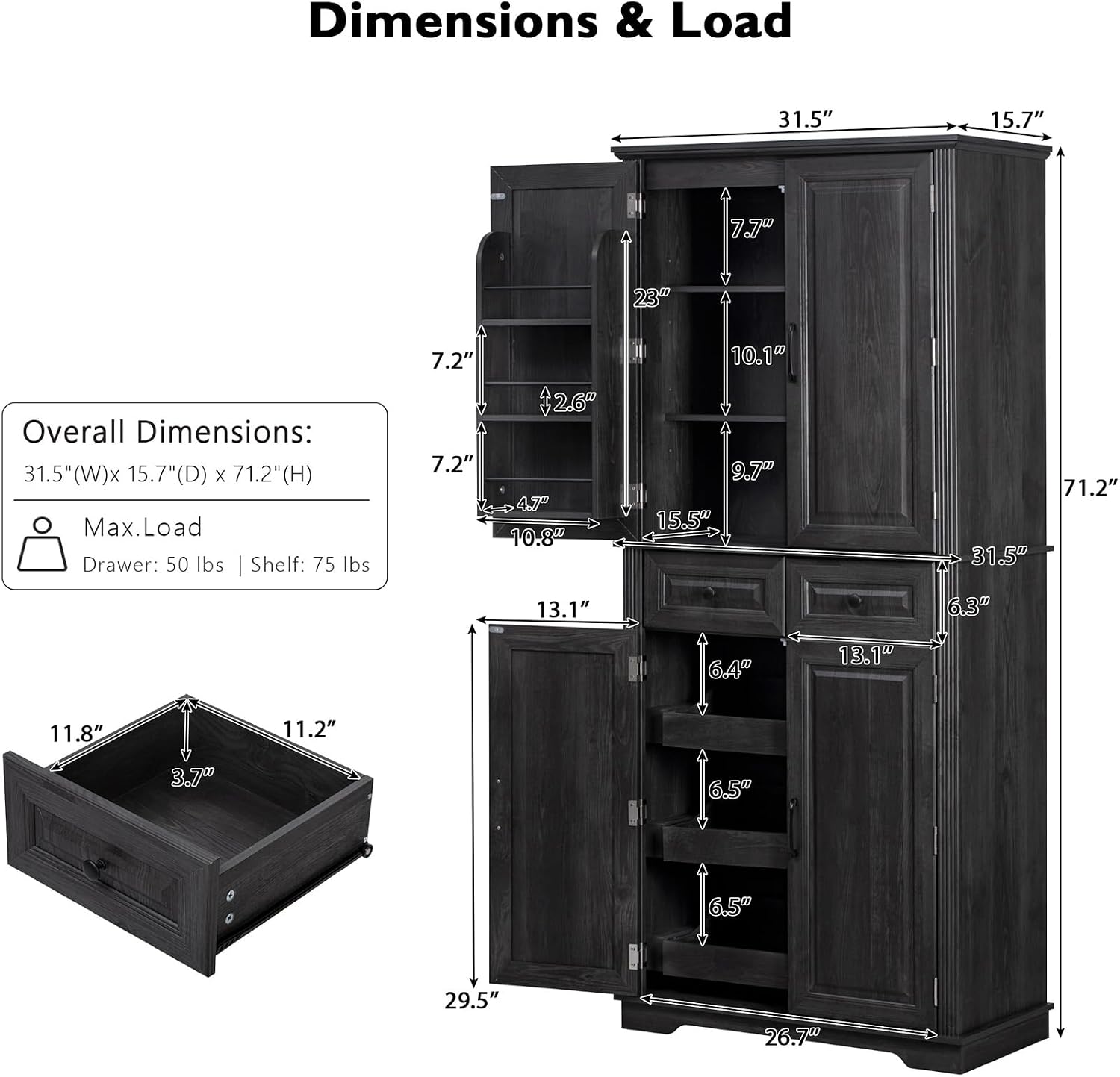 71.2" Tall Kitchen Pantry Cabinet, Farmhouse Wood Pantry with 4 Doors and 2 Drawers Freestanding Cupboard Storage Organizers for Home Kitchen Dining Room, Black