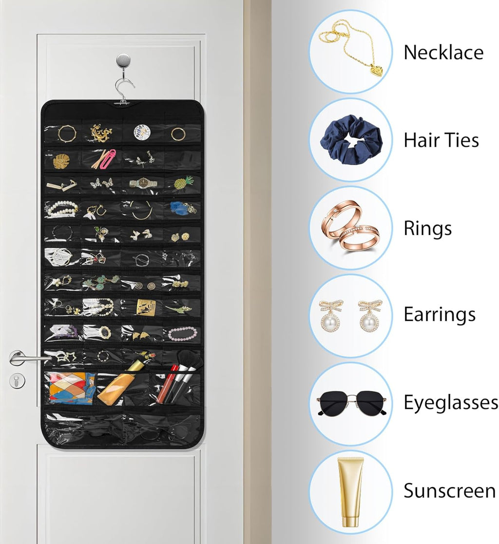 Bloss Hanging Jewelry Organizer With 90 Pockets,Earring Holder Organizer Storage For Valentine's Day Gift,Double-Sided Jewelry Holder for Earrings, Necklaces, Rings on Closet,Wall,Door(Black)