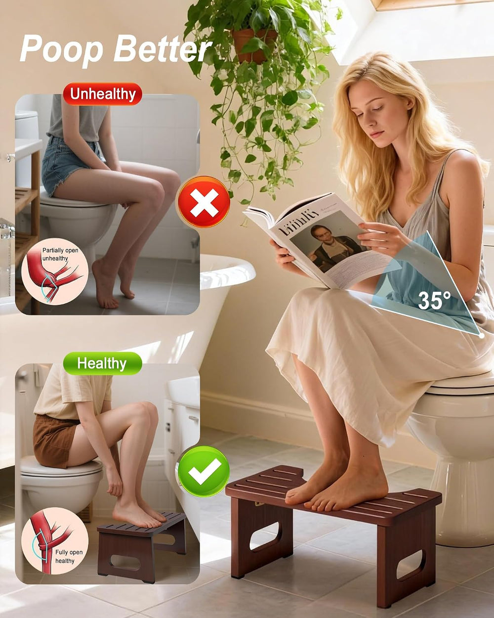 Foldable Toilet Stool, 7 Inch Poop Stool for Bathroom, Bamboo Toilet Stool Sq...